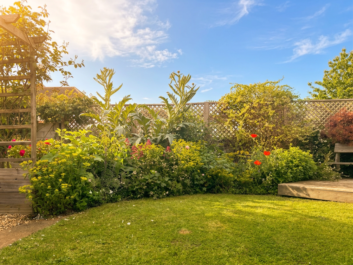 A lush garden border beneath a bright azure sky with warm sunlight