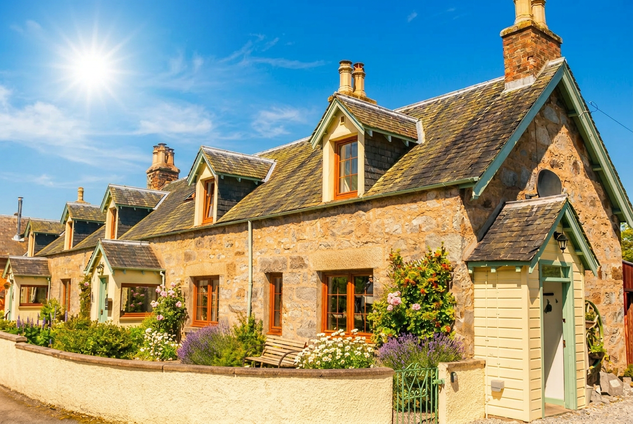 A well-kept country garden with neat borders and a freshly mown lawn